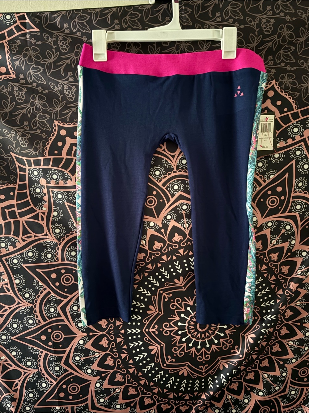 Navy Capri Leggings with Pink Waistband and Floral Side Panels
